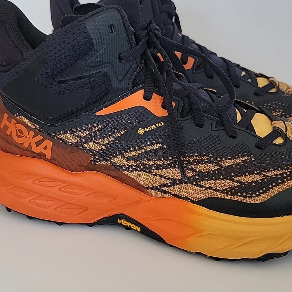 Hoka Speedgoat 5 Mid GTX Gore-Tex WATERPROOF Hiking Boots Black / Orange Yellow - Picture 12 of 12